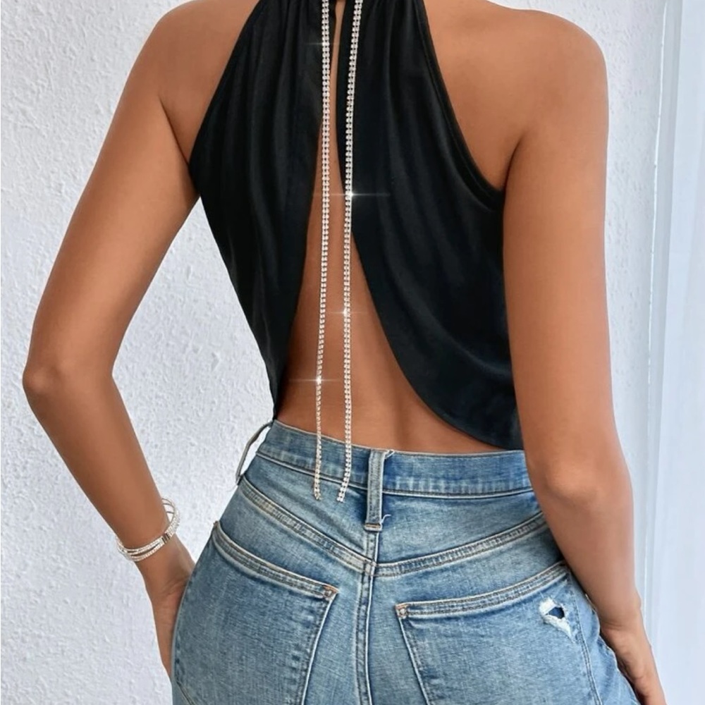 SHEIN BAE Rhinestone Chain Detail Backless Halter Top
